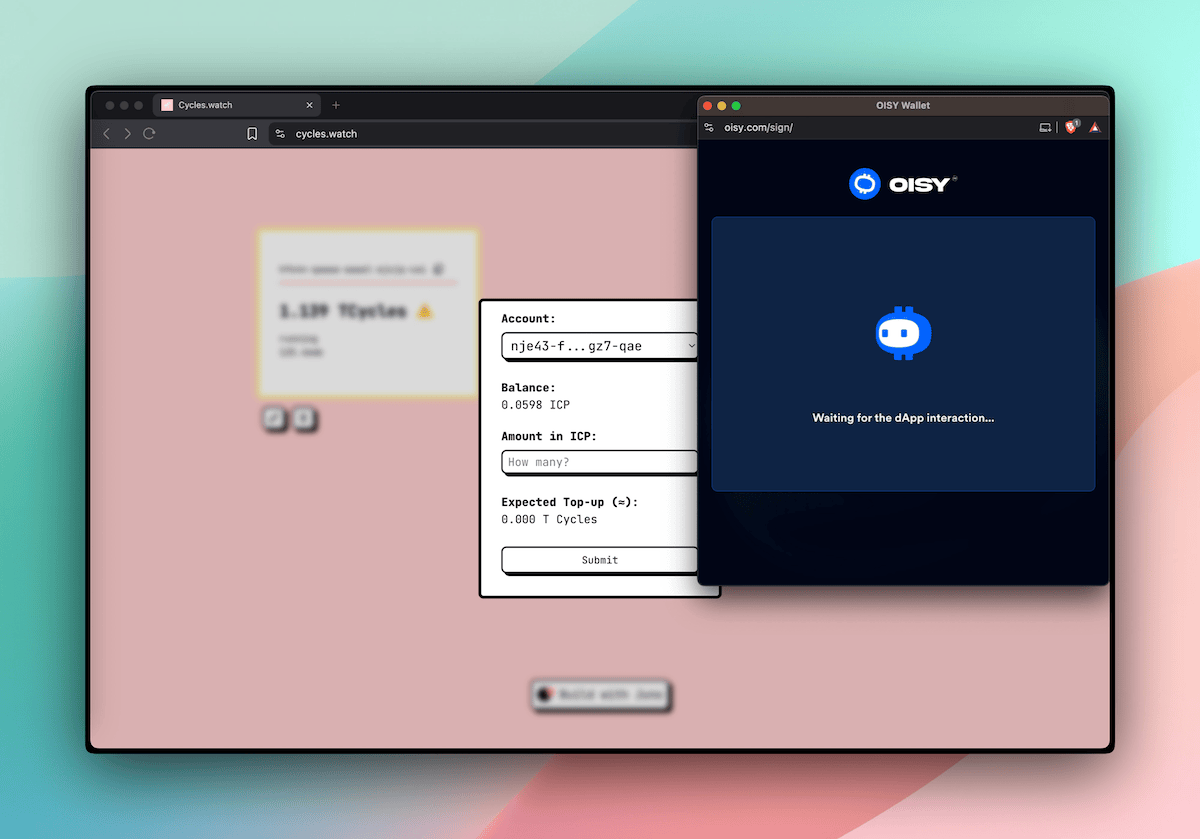 A screenshot of cycles.watch that integrates with OISY and use serverless functions in TypeScript to swap ICP for cycles