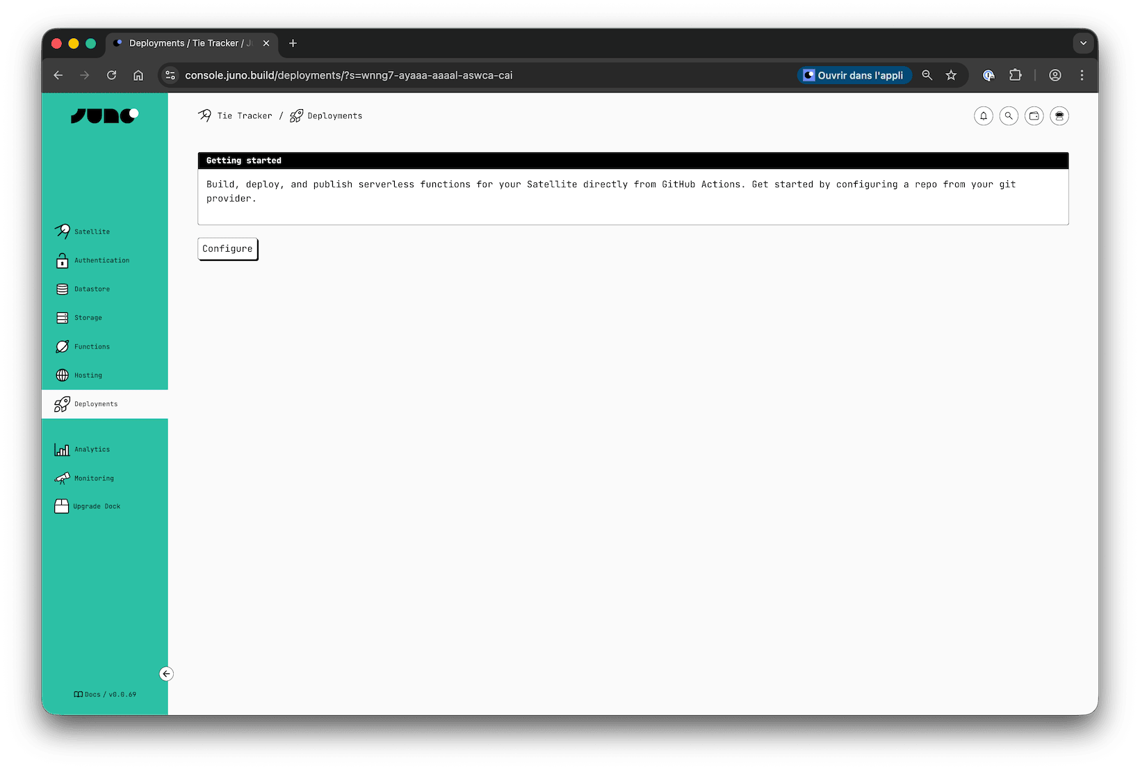 A screenshot of the Deployments page in Juno Console when the Satellite is not yet configured