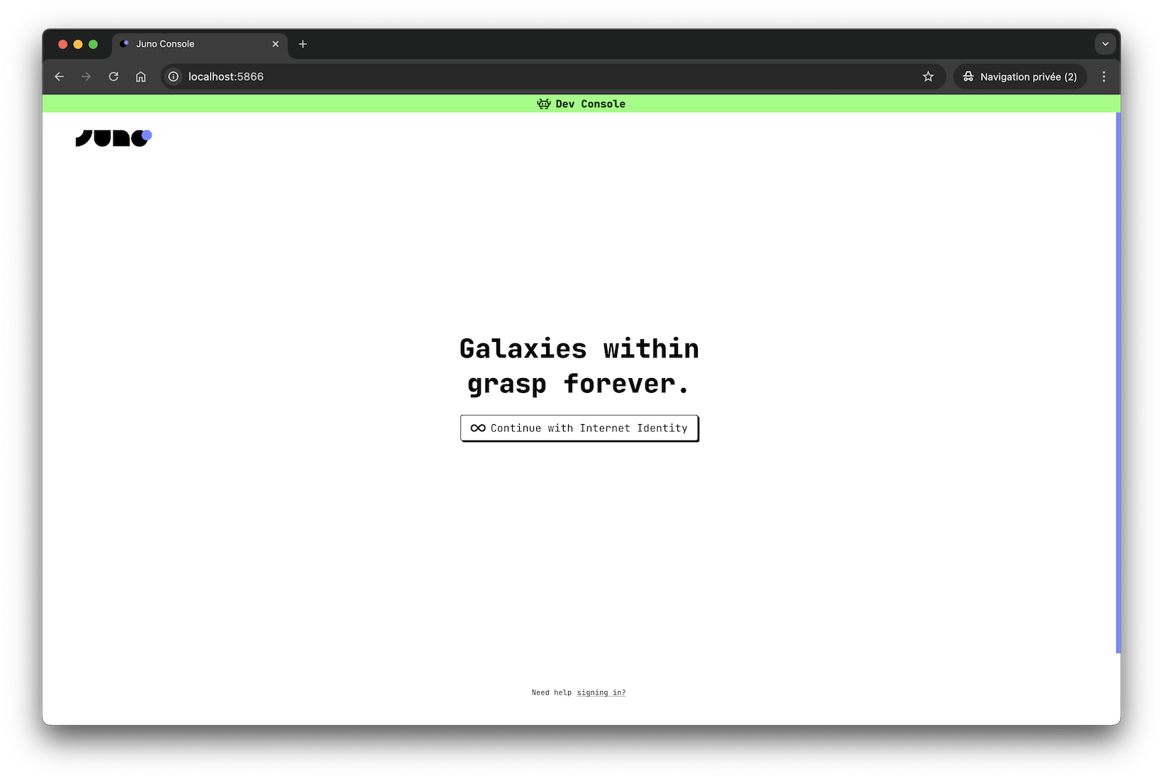 A screenshot of the DEV Console UI login screen