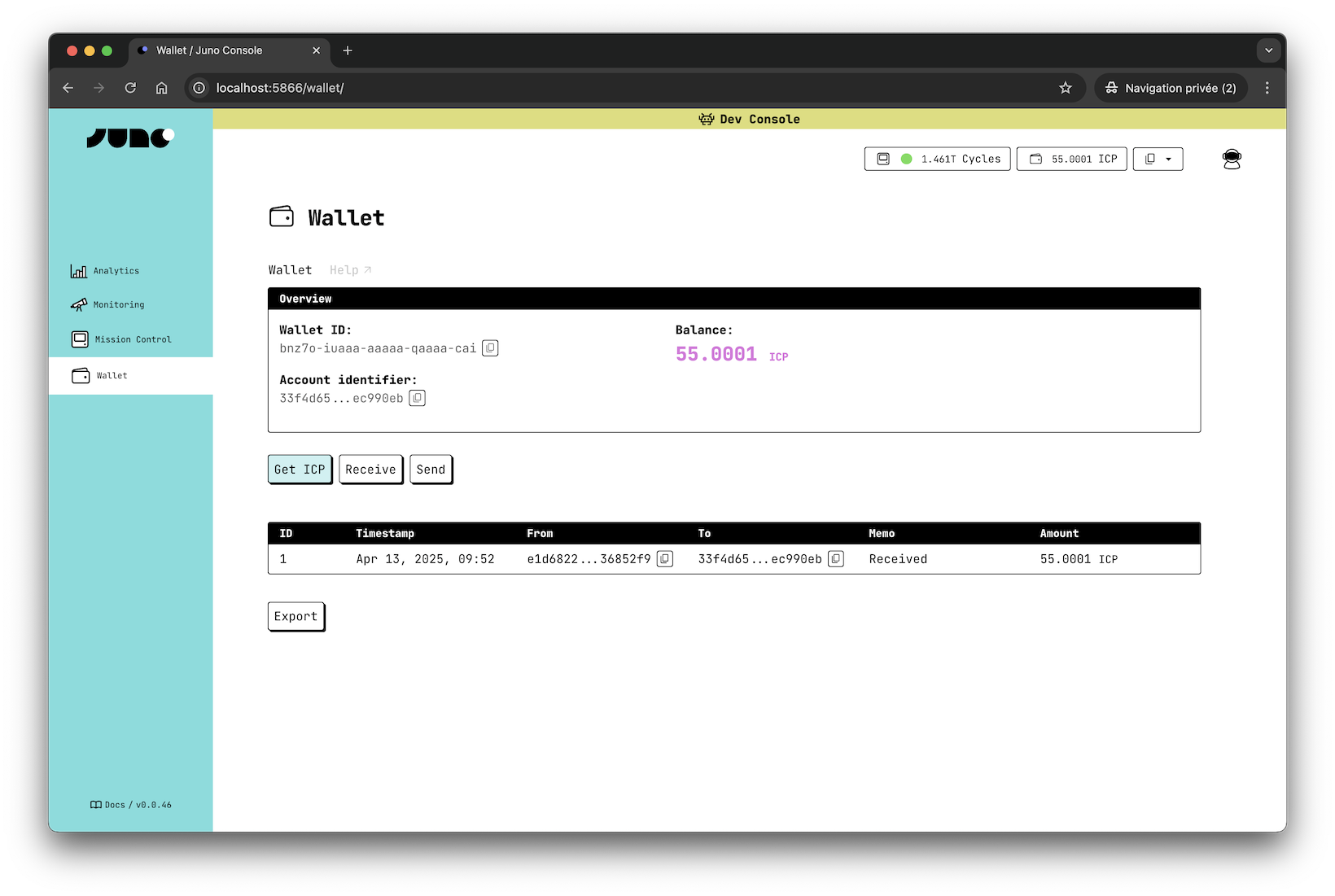 A screenshot of the wallet with the Get ICP call to action of Console UI in dev mode