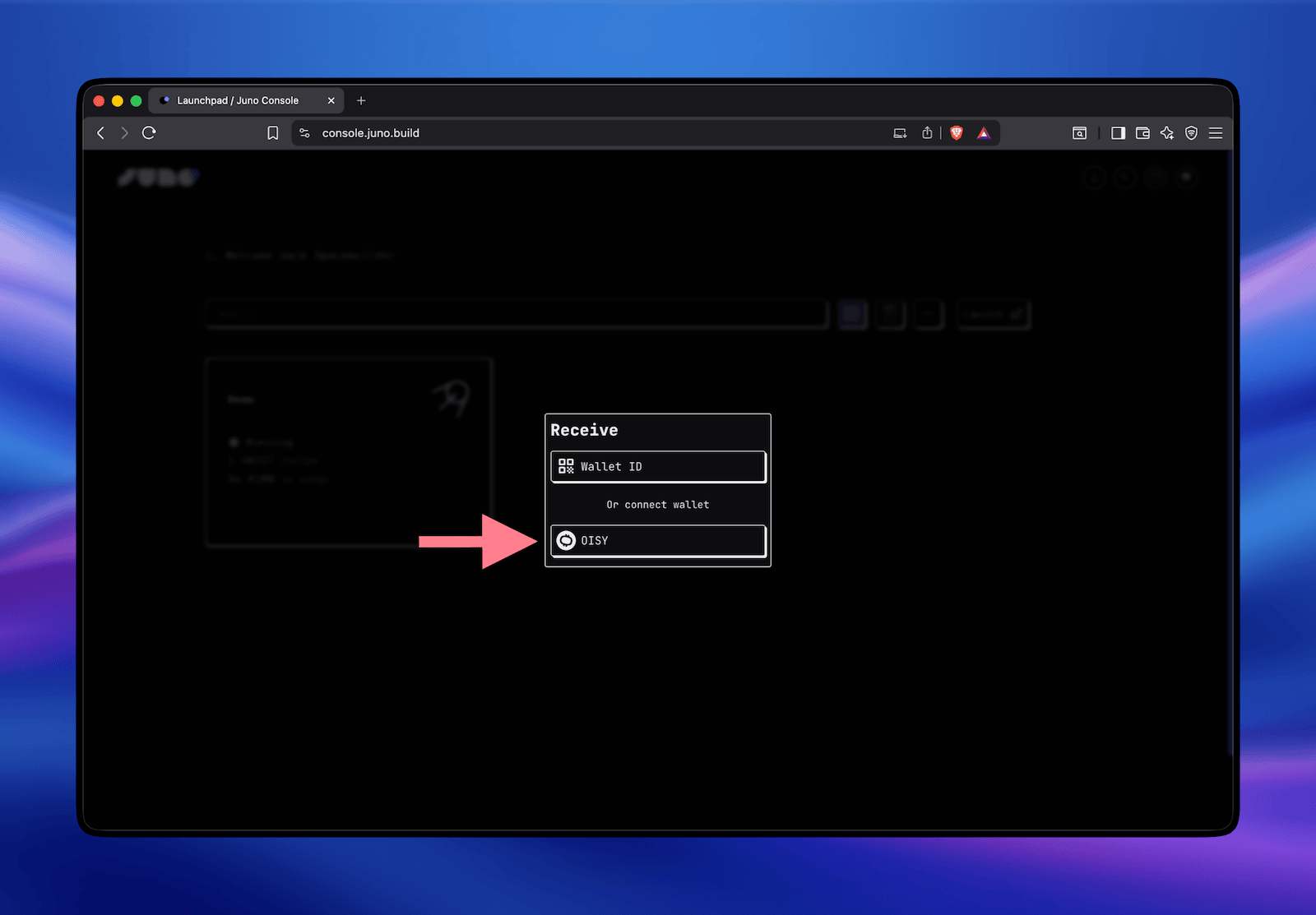 A screenshot of the wallet "Receive" modal with an arrow pointing to the OISY option
