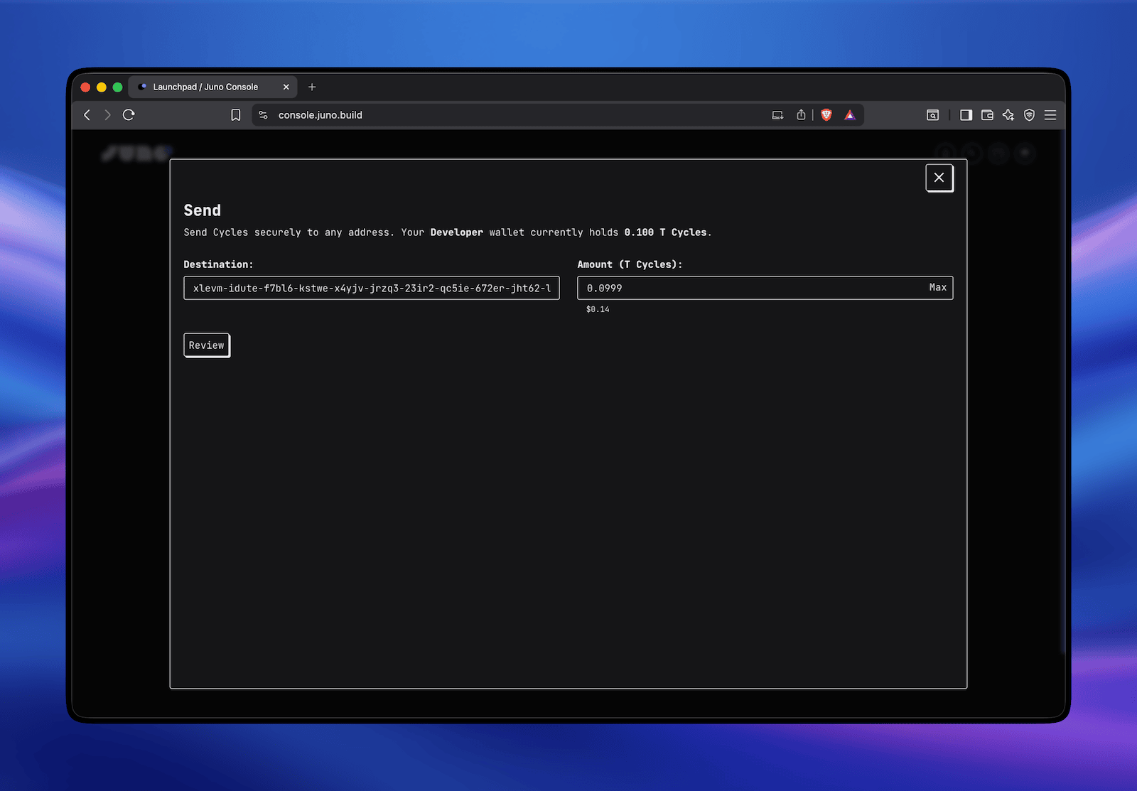 A screenshot of the wallet send form