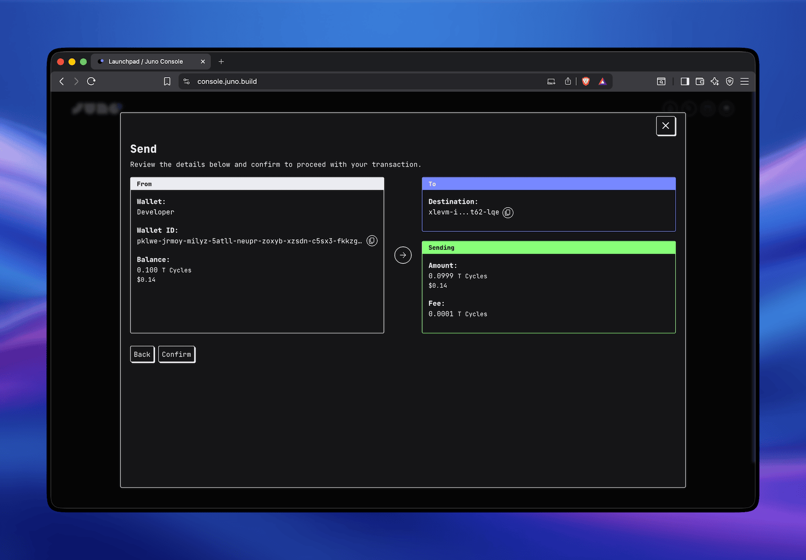 A screenshot of the wallet send review mask